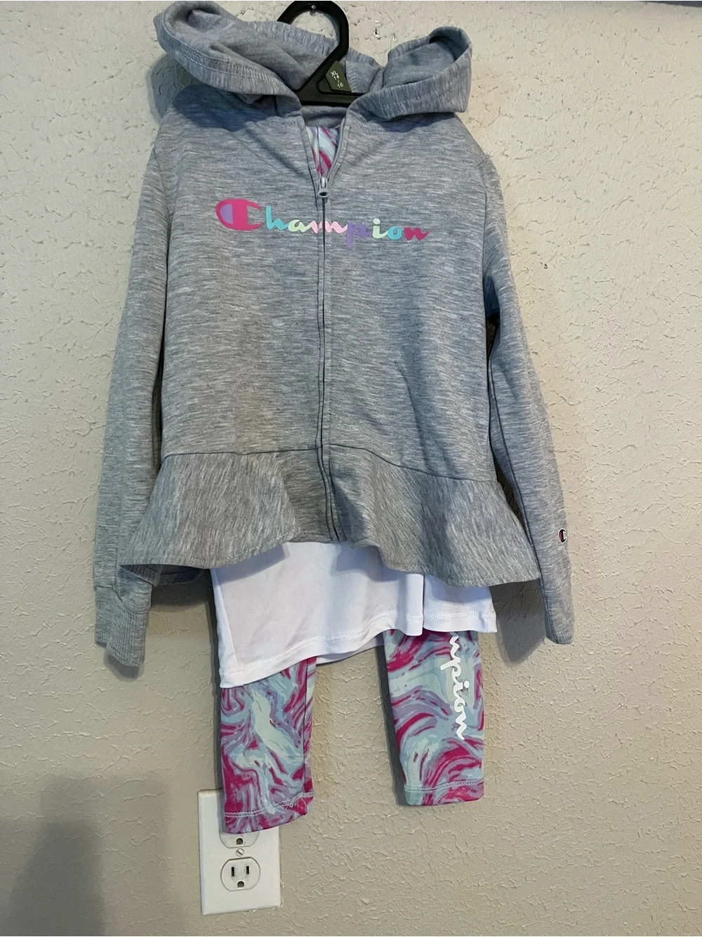 Champion Girls' Gray Hoodie, White Tee & Pink Swirl Leggings Set
